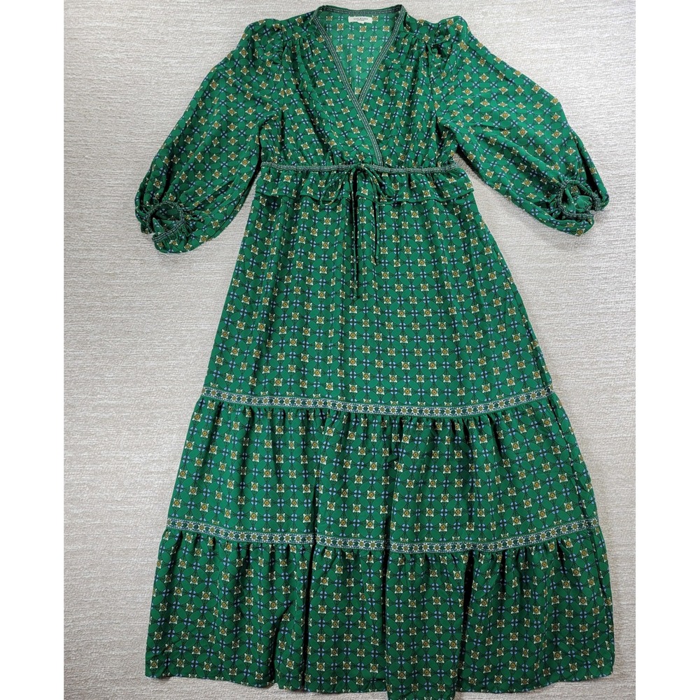 Max Studio London Maxi Dress Large Green Geometric Faux Wrap Tiered Boho Prairie